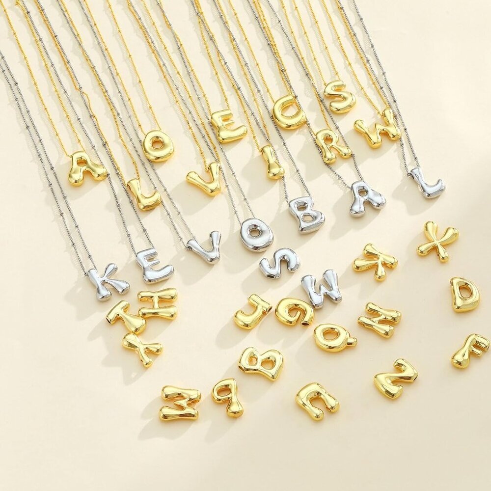 14k Gold Plated Bubble Letter Necklace 3d Initial Pendant With Beaded Chain Pers View 6